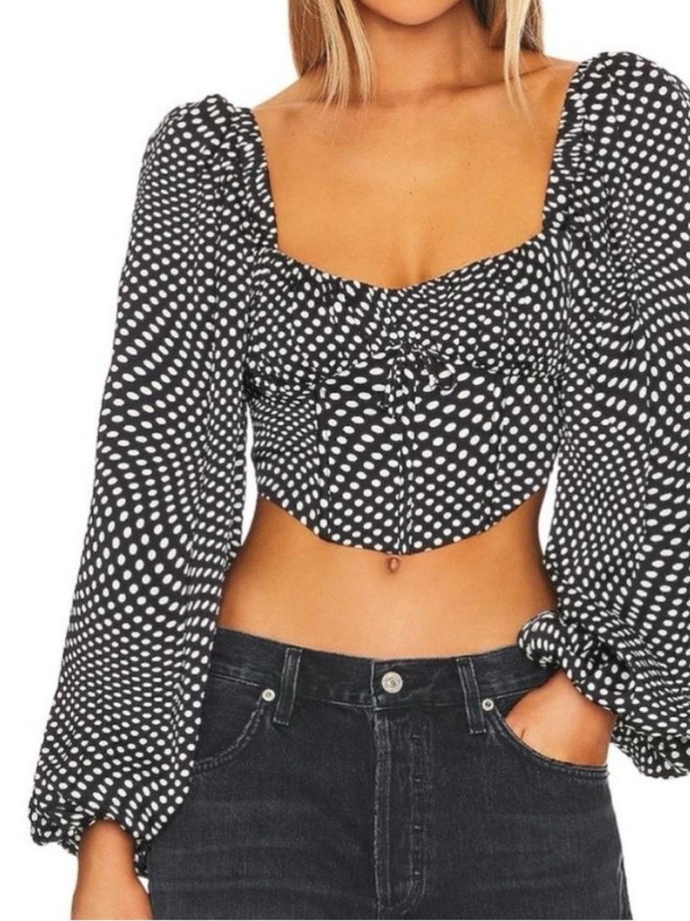 For Love & Lemons Black & White Polka Dot Puff Sleeve Crop Top